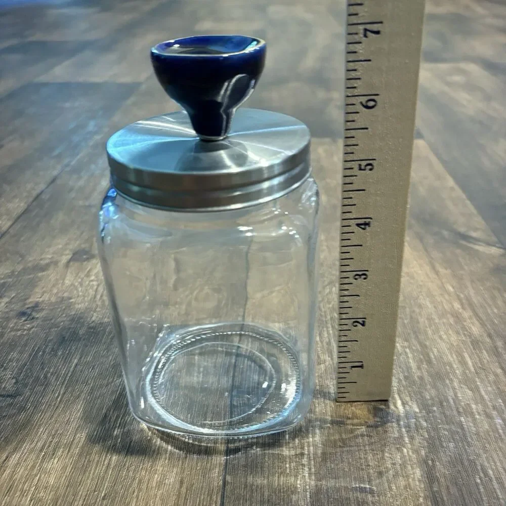 Glass Storage Canister Blue Porcelain Knob Stainless Lid Kitchen Counter Jar